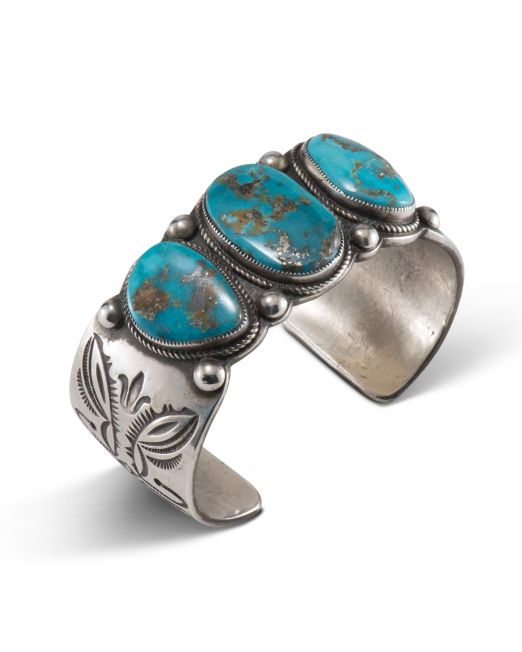 Calvin Martinez Morenci Turquoise and Stamped Silver Cuff