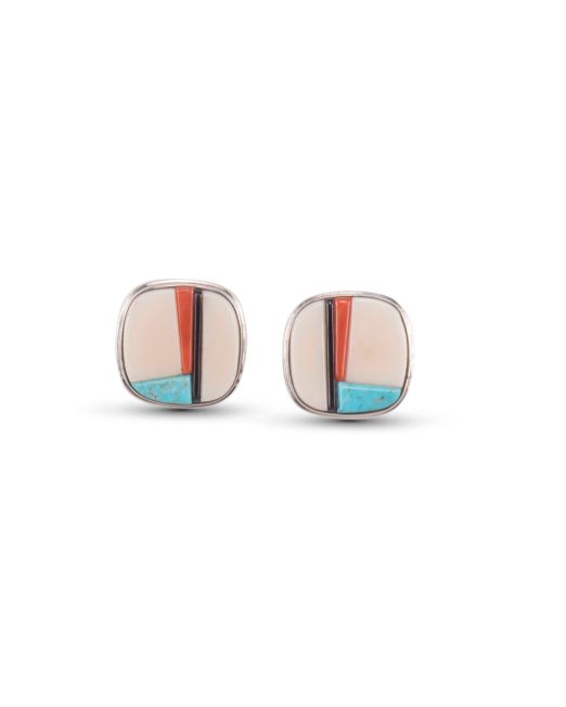 Richard Chavez Fossilized Ivory, Turquoise and Coral Earrings