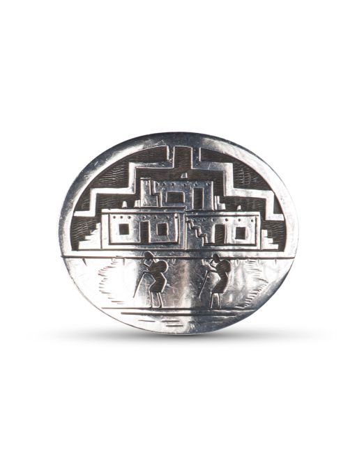 Victor Coochwytewa Hopi Village Scene Overlay Belt Buckle