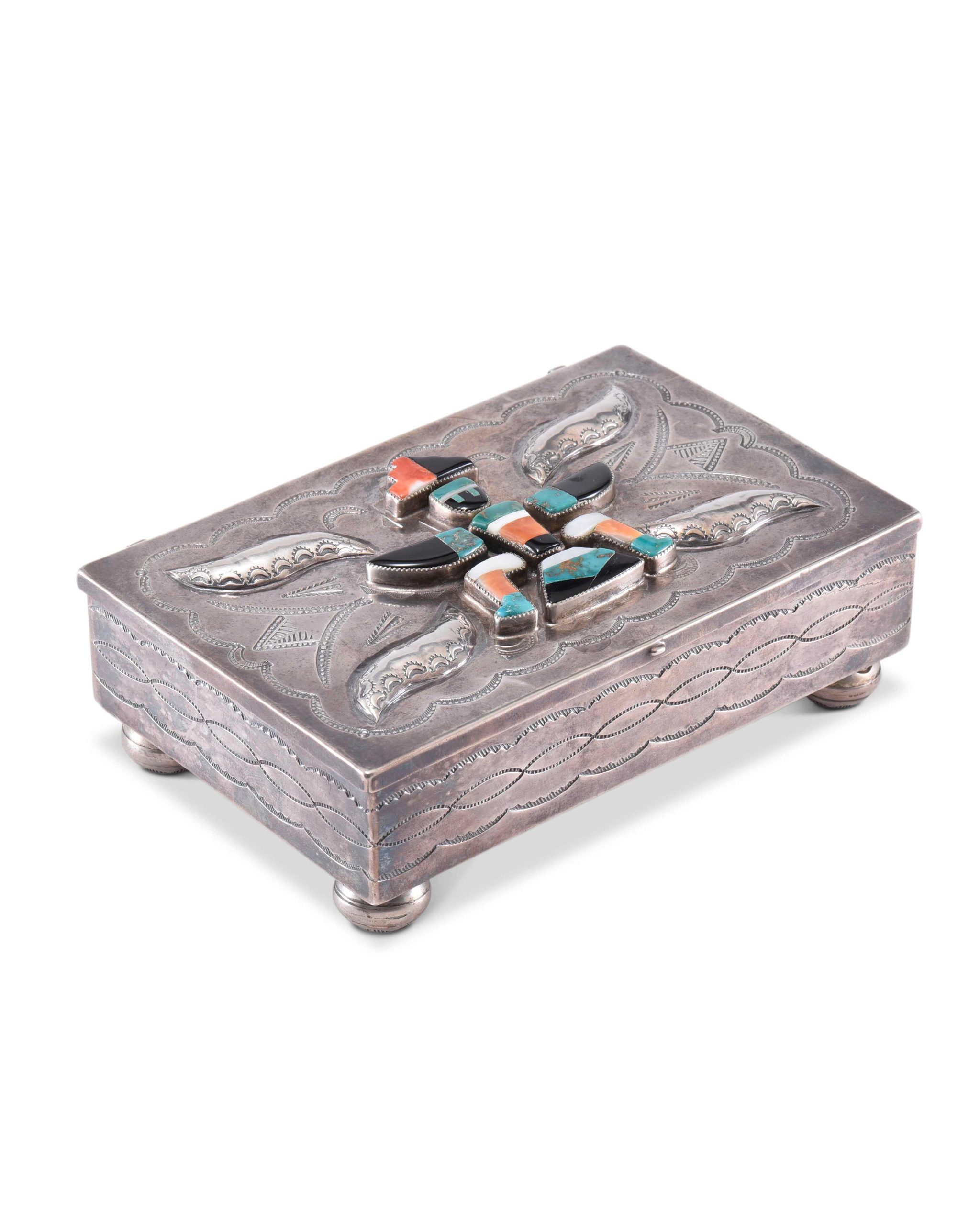 Navajo Silver Box with Zuni Knifewing Man