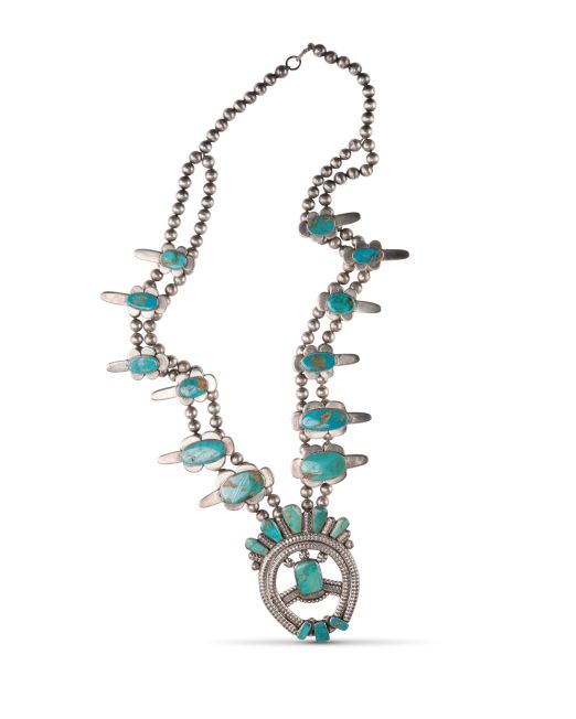 High Grade Natural Blue Gem Turquoise Squash Blossom Necklace