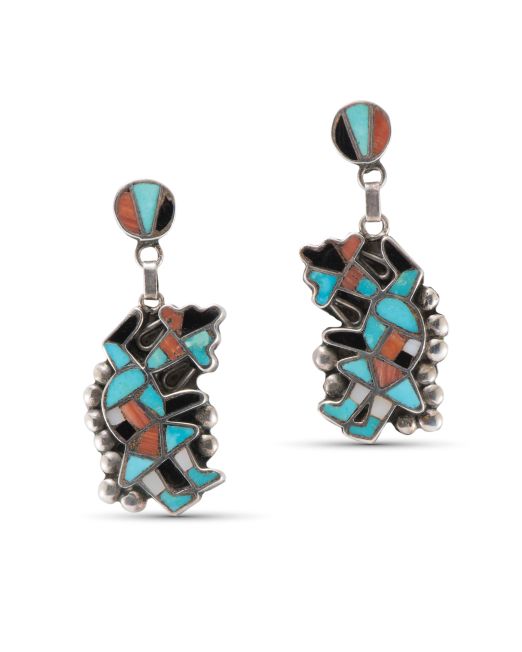 Vintage Zuni Inlay Rainbow Man Earrings Circa 1940s