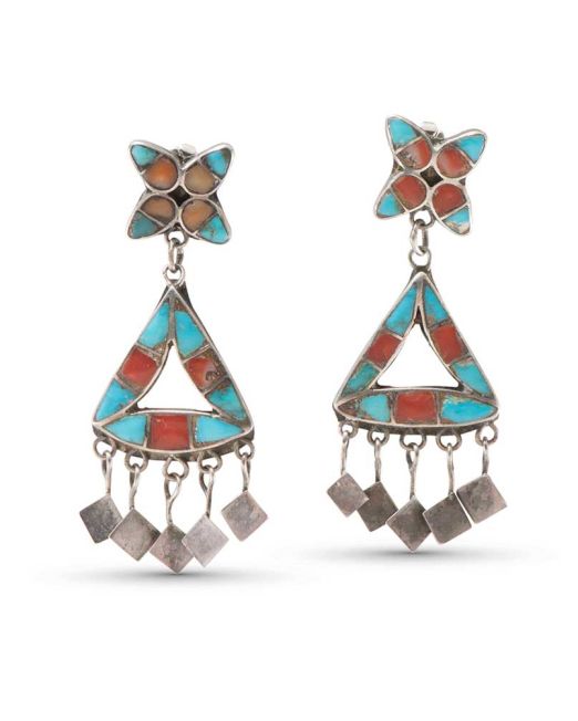 Vintage Zuni Turquoise and Coral Inlay Earrings with Dangles