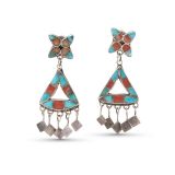 Vintage Zuni Turquoise and Coral Inlay Earrings with Dangles