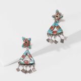 Vintage Zuni Turquoise and Coral Inlay Earrings with Dangles
