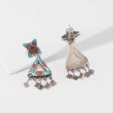 Vintage Zuni Turquoise and Coral Inlay Earrings with Dangles