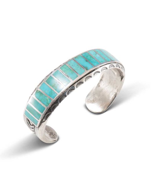 Ralph Tawangyaouma Turquoise Inlay Cuff with Stampwork