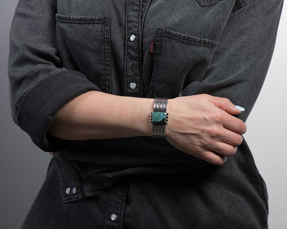 Thomas Curtis Turquoise and Stamped Sterling Silver Cuff