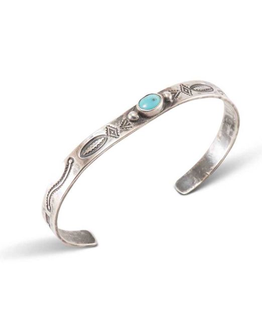 Wolf Robe Hunt Thin Stamped Silver Cuff with Turquoise