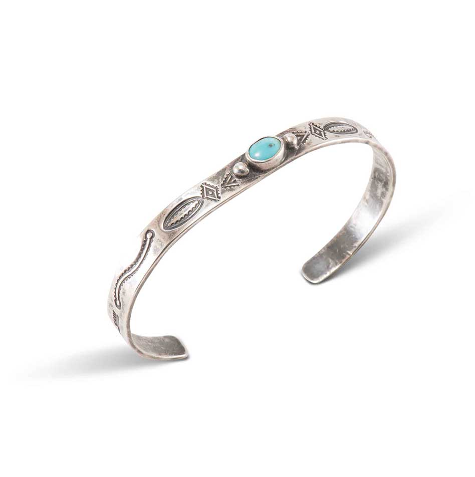 Wolf Robe Hunt Thin Stamped Silver Cuff with Turquoise