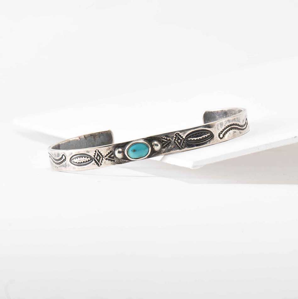 Wolf Robe Hunt Thin Stamped Silver Cuff with Turquoise