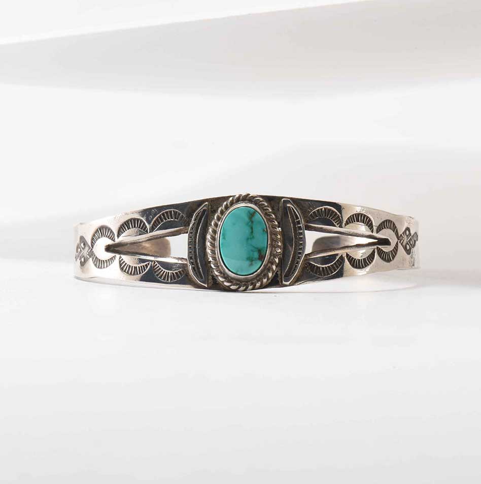 Fred Harvey Era Turquoise and Stamped Silver Cuff