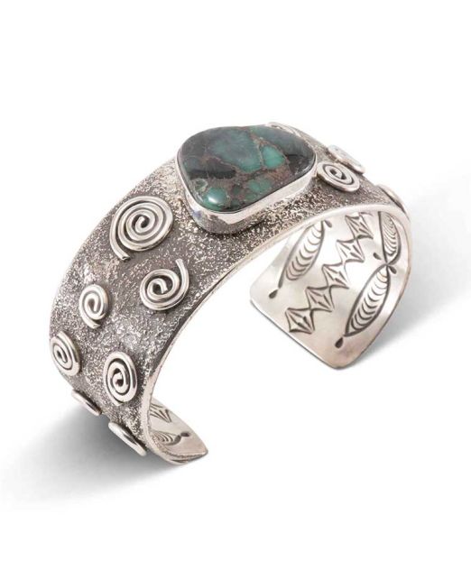 Alex Sanchez Sterling Silver and Turquoise Petroglyph Cuff