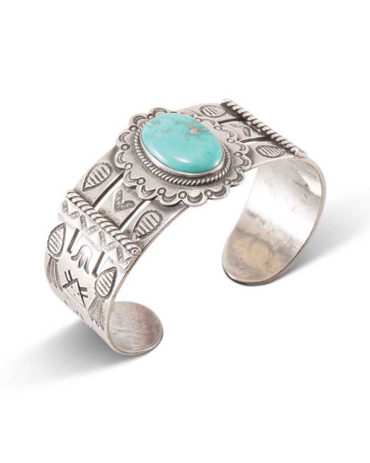 Fred Harvey Era Stamped Silver and Turquoise Wide Cuff