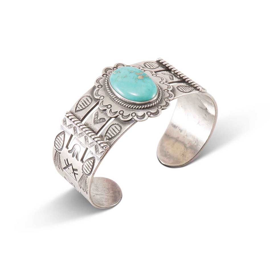 Fred Harvey Era Stamped Silver and Turquoise Wide Cuff