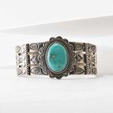 Fred Harvey Era Stamped Silver and Turquoise Wide Cuff
