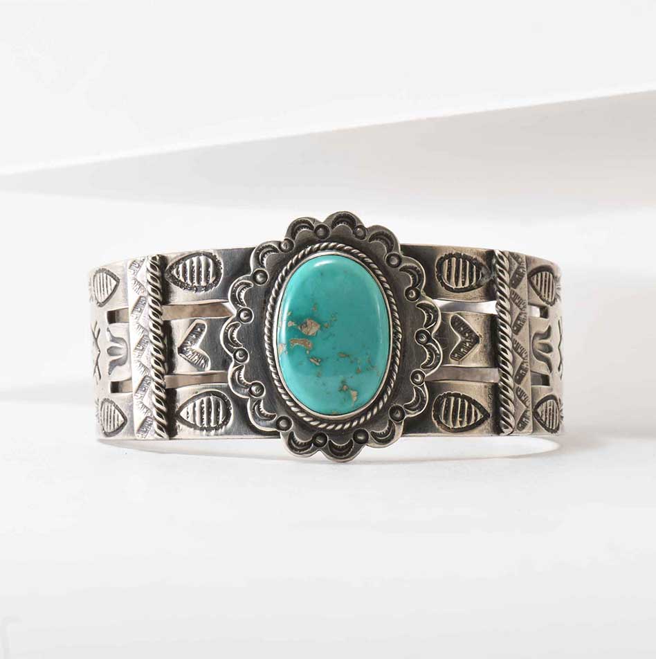 Fred Harvey Era Stamped Silver and Turquoise Wide Cuff