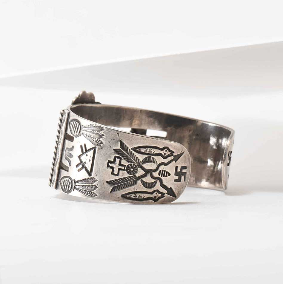 Fred Harvey Era Stamped Silver and Turquoise Wide Cuff