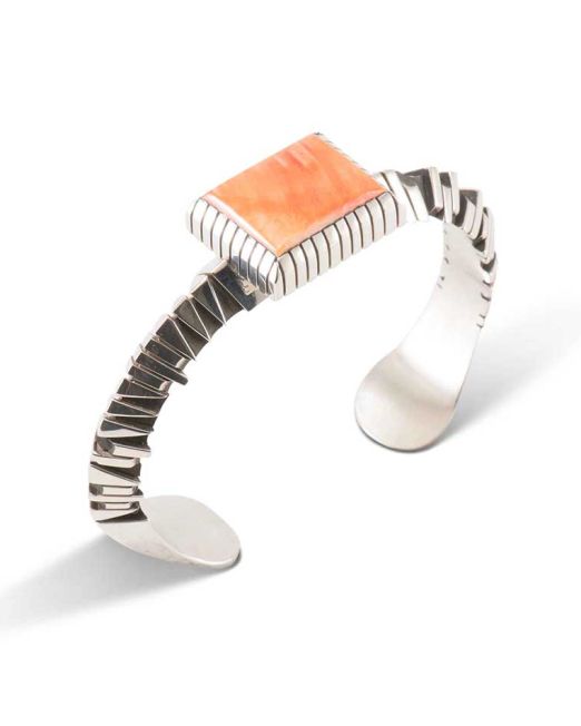 Isaiah Ortiz Hand Cut Sterling Silver Cuff with Spiny Oyster Shell