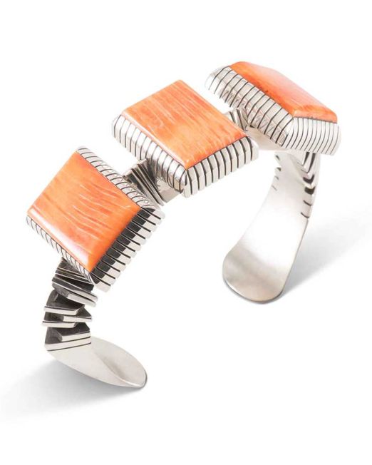 Isaiah Ortiz Three Stone Spiny Oyster Shell Hand Cut Sterling Silver Cuff
