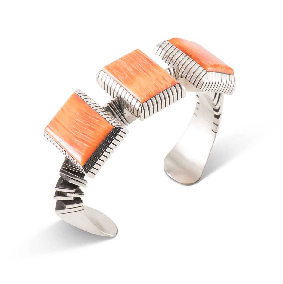 Isaiah Ortiz Three Stone Spiny Oyster Shell Hand Cut Sterling Silver Cuff