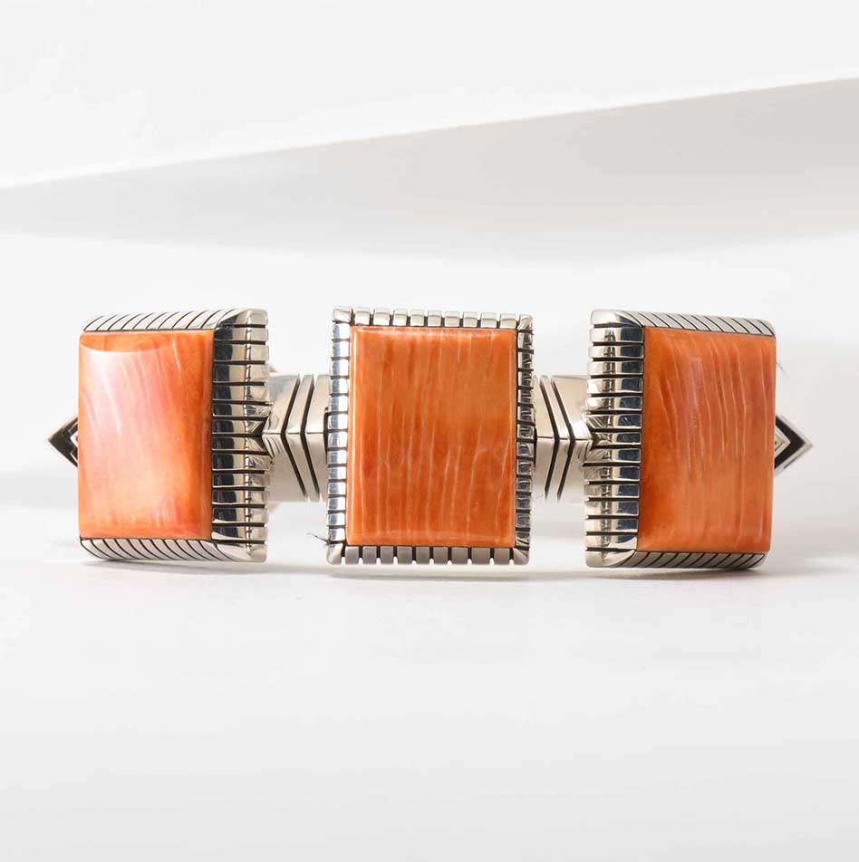 Isaiah Ortiz Three Stone Spiny Oyster Shell Hand Cut Sterling Silver Cuff