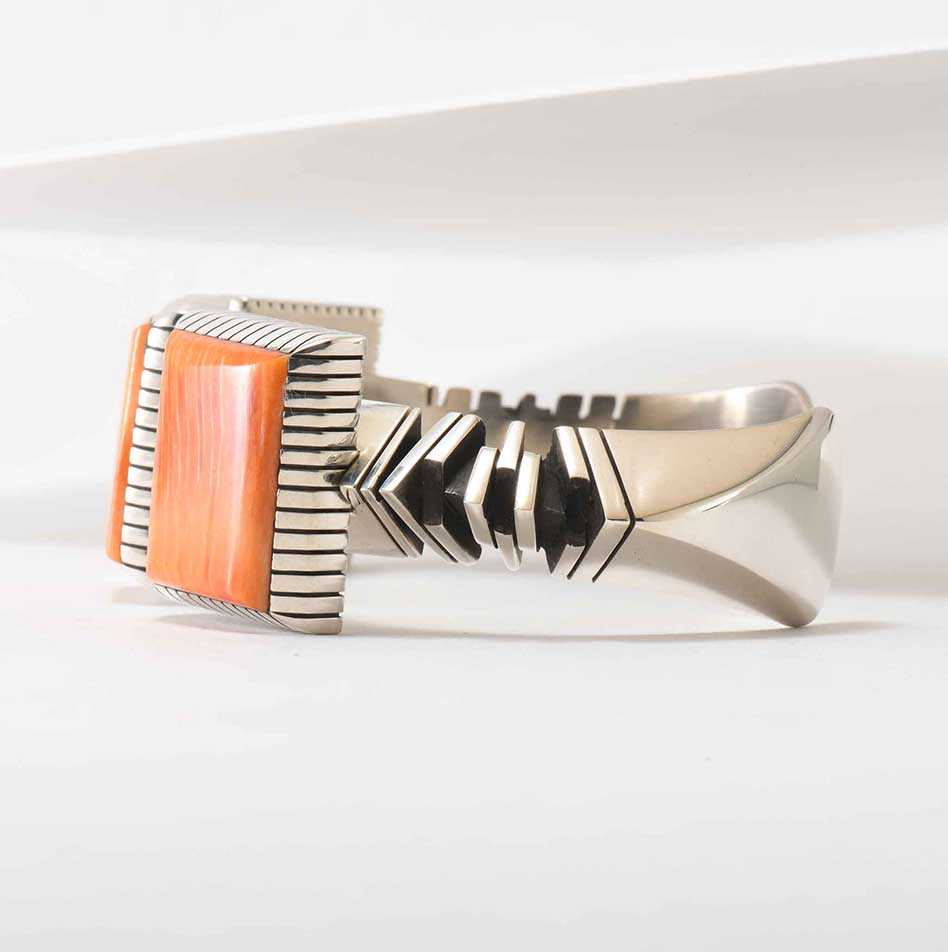 Isaiah Ortiz Three Stone Spiny Oyster Shell Hand Cut Sterling Silver Cuff