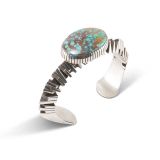 Isaiah Ortiz Hand Cut Sterling Silver Cuff with #8 Turquoise