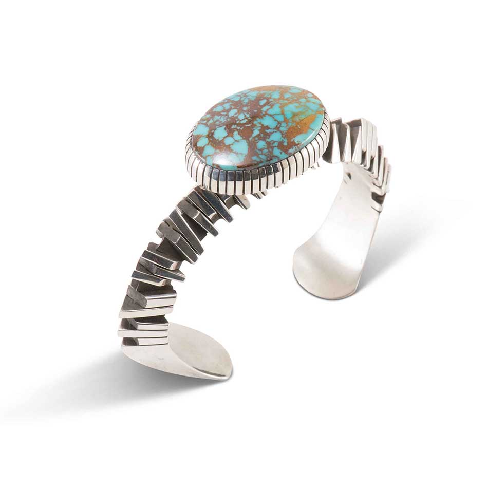 Isaiah Ortiz Hand Cut Sterling Silver Cuff with #8 Turquoise