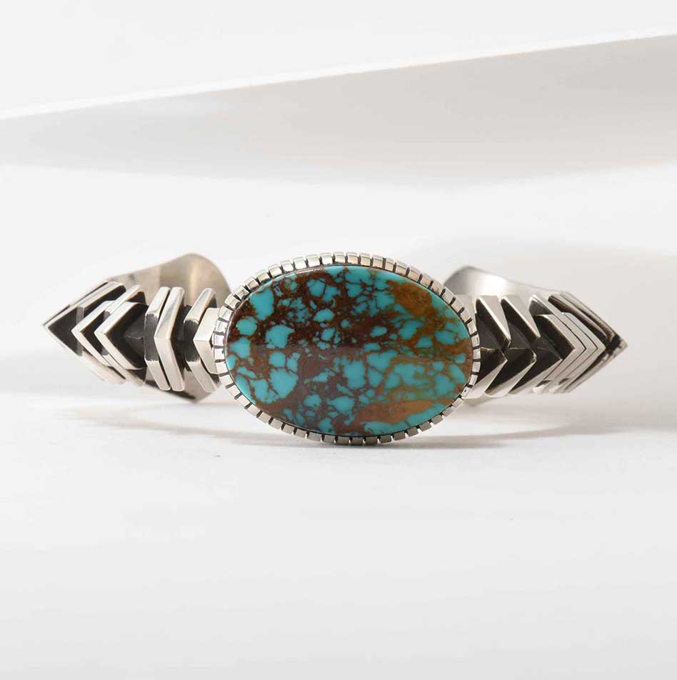 Isaiah Ortiz Hand Cut Sterling Silver Cuff with #8 Turquoise