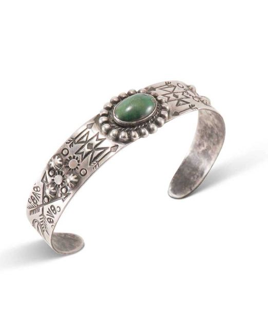 Fred Harvey Era Stamped Silver and Turquoise Cuff