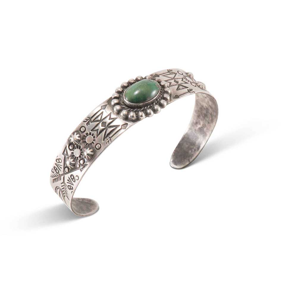 Fred Harvey Era Stamped Silver and Turquoise Cuff