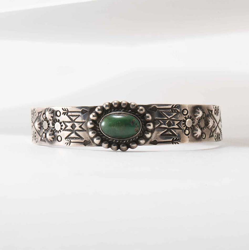 Fred Harvey Era Stamped Silver and Turquoise Cuff