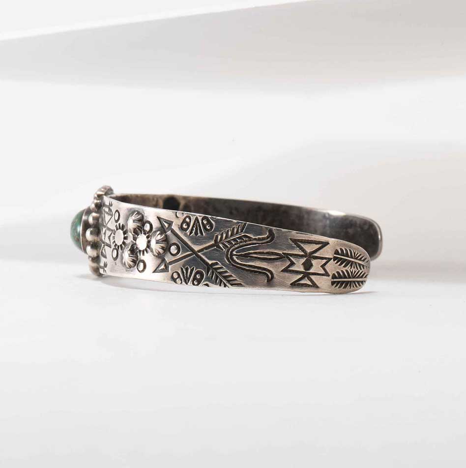 Fred Harvey Era Stamped Silver and Turquoise Cuff