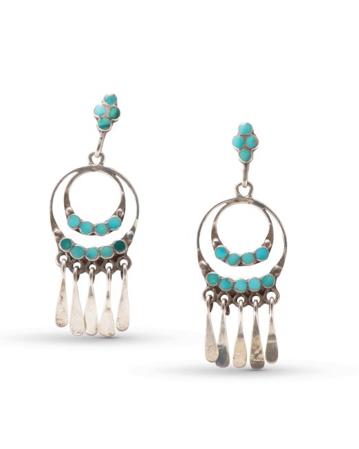 Dishta Style Turquoise Inlay Earrings with Dangles