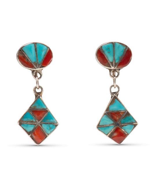 Vintage Zuni Turquoise and Coral Inlay Screw Back Earrings