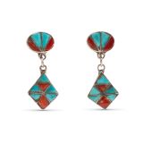 Vintage Zuni Turquoise and Coral Inlay Screw Back Earrings
