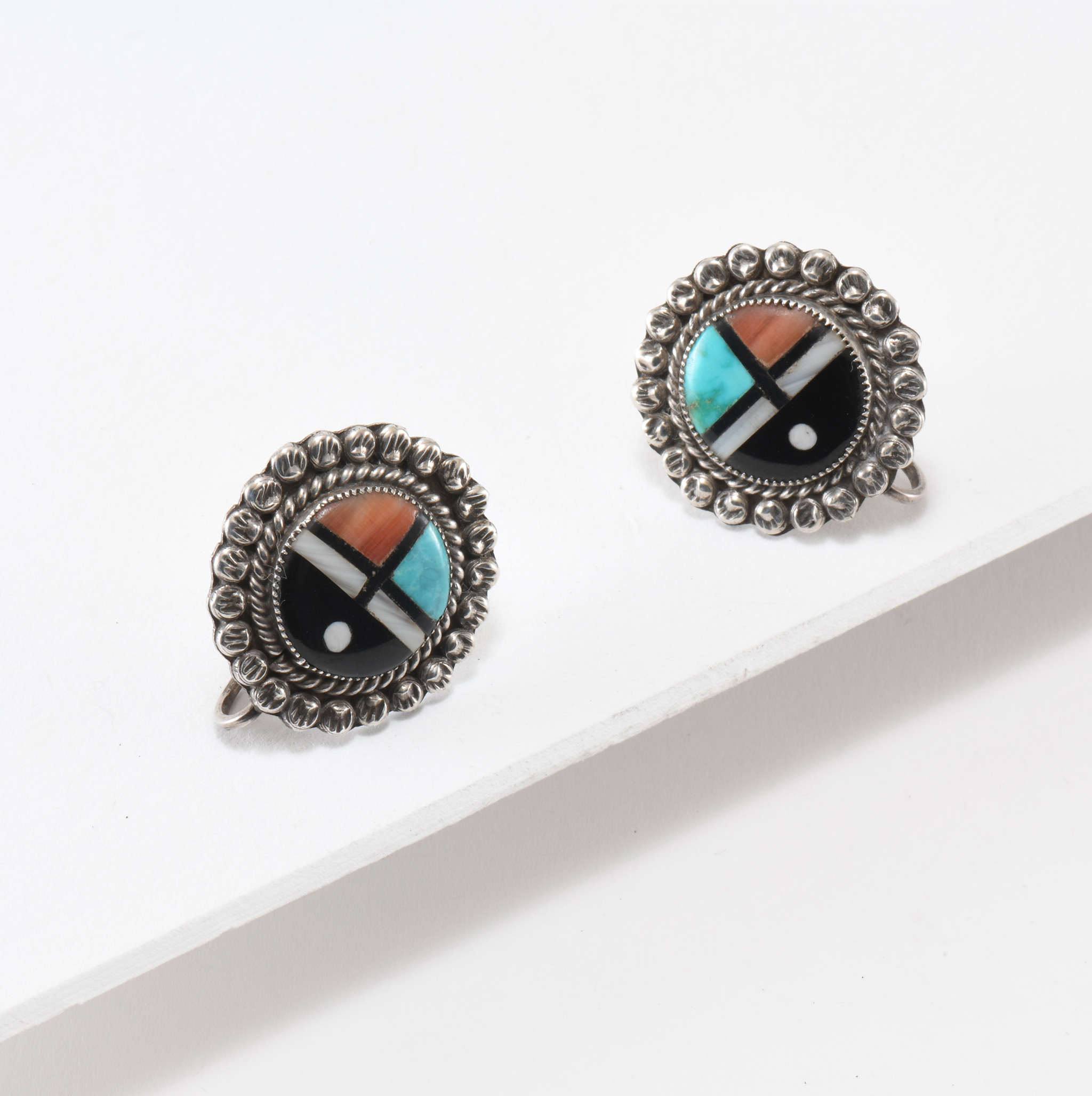 Vintage Zuni Inlay Sunface Screw Back Earrings