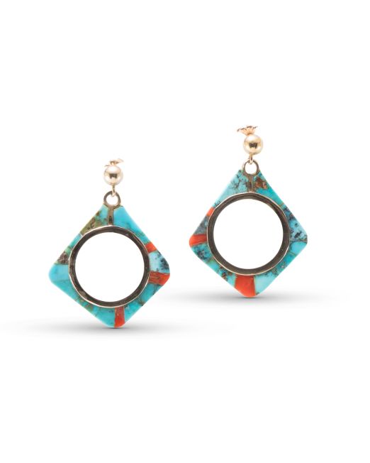 14Kt Gold Turquoise and Coral Inlay Earrings