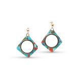 14Kt Gold Turquoise and Coral Inlay Earrings