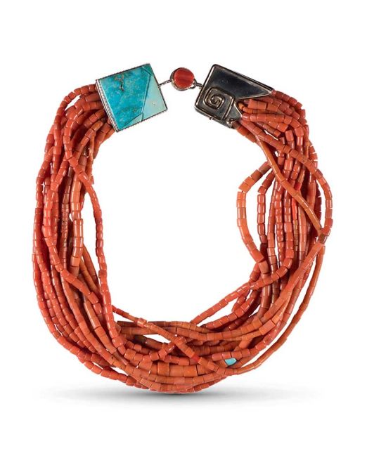 Carol Krena 14 Strand Coral Necklace with Blue Gem Turquoise Clasp