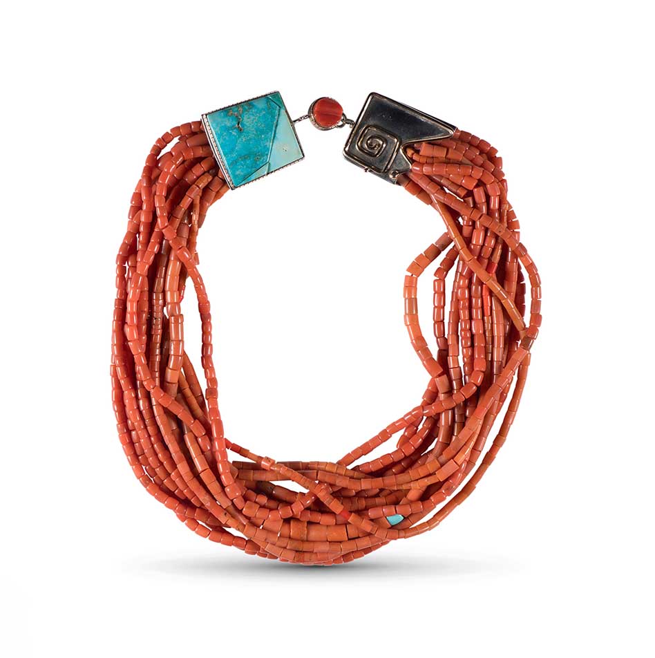Carol Krena 14 Strand Coral Necklace with Blue Gem Turquoise Clasp