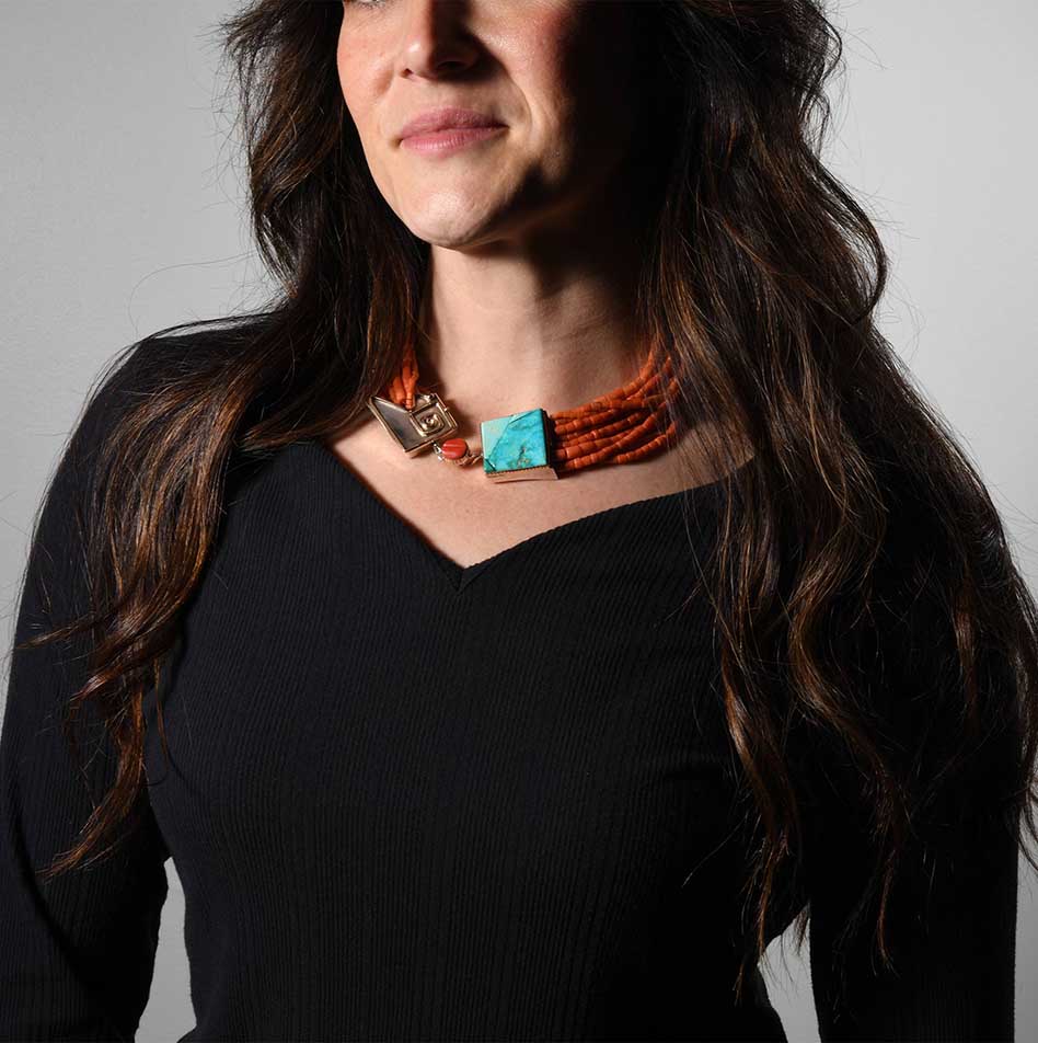 Carol Krena 14 Strand Coral Necklace with Blue Gem Turquoise Clasp