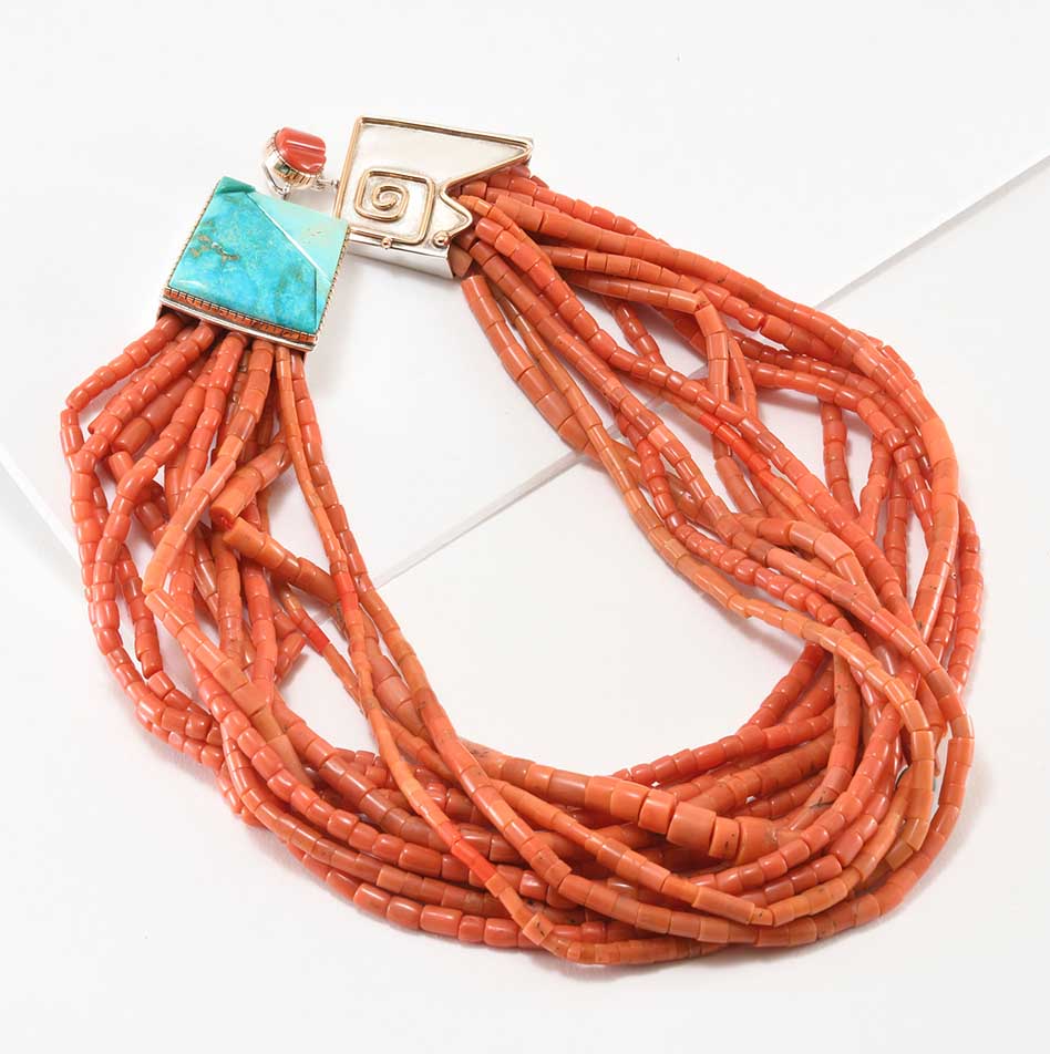 Carol Krena 14 Strand Coral Necklace with Blue Gem Turquoise Clasp