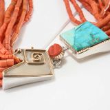 Carol Krena 14 Strand Coral Necklace with Blue Gem Turquoise Clasp