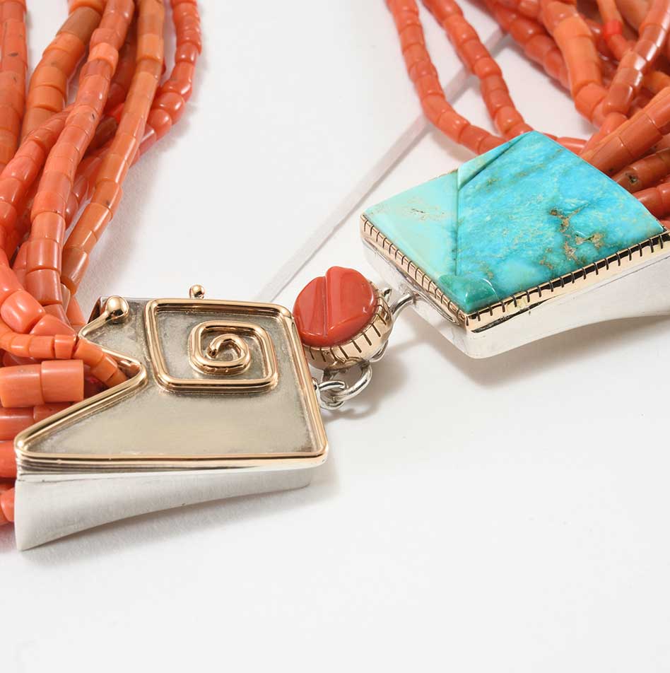 Carol Krena 14 Strand Coral Necklace with Blue Gem Turquoise Clasp
