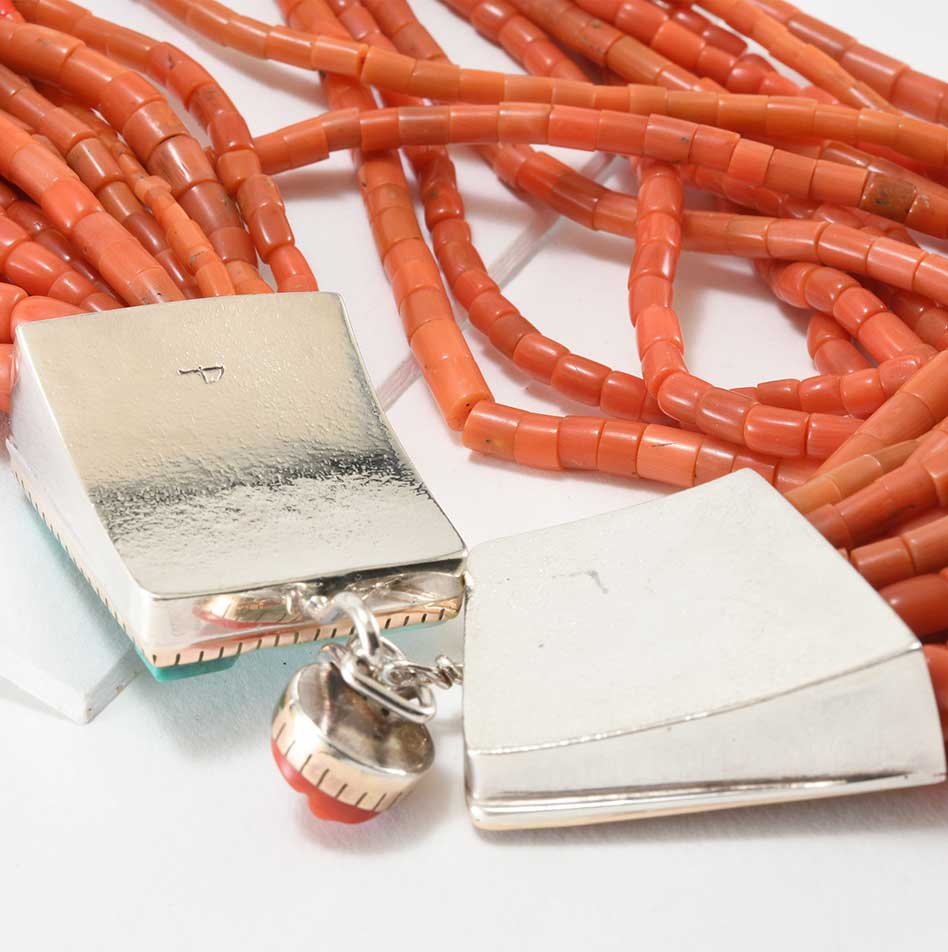 Carol Krena 14 Strand Coral Necklace with Blue Gem Turquoise Clasp