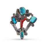 Dan Simplicio Bisbee Turquoise and Coral Pin