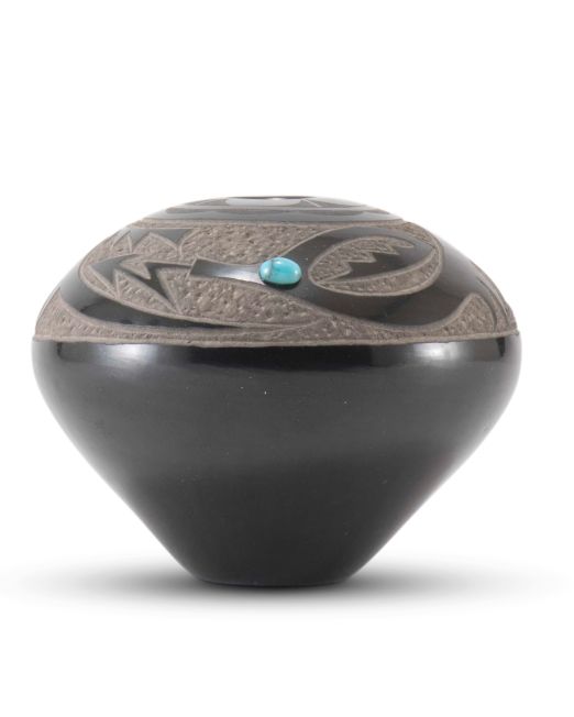 Gloria “Golden Rod” Garcia Black Jar with Avanyu and Turquoise