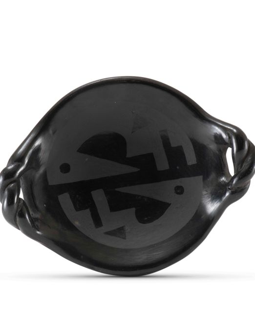 Margaret Tafoya Shallow Blackware Bowl with Matte Design and Handles